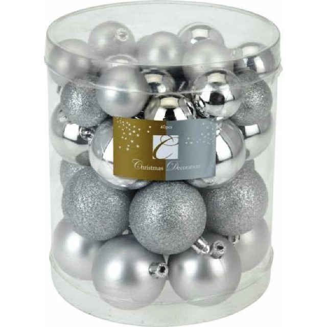 Vánoční stříbrné plastové ozdoby - kouličky, dvě velikosti, 40ks