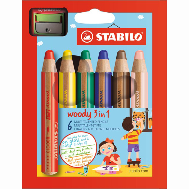 STABILO® woody 3 in 1 6 ks balení s ořezávátkem pastelka, vodovka a voskovka v jednom